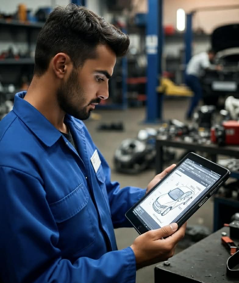 Mechanic in a workshop using Fixif on a tablet
